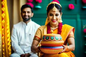 ein schön indisch Hochzeit mit ein traditionell Hochzeit Zeremonie. KI-generiert foto