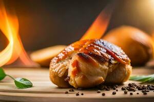 gegrillt Hähnchen auf ein hölzern Schneiden Tafel mit Gewürze. KI-generiert foto