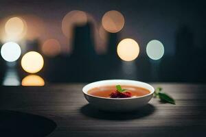 ein Schüssel von Suppe mit ein Erdbeere auf oben. KI-generiert foto