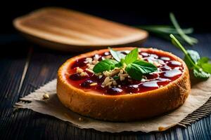 ein Käsekuchen mit Beeren und Nüsse auf ein hölzern Tisch. KI-generiert foto