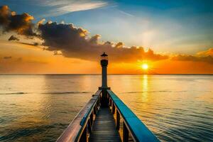 ein Seebrücke mit ein Leuchtturm beim Sonnenuntergang. KI-generiert foto