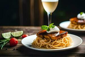 ein Teller von Spaghetti mit Fleisch und ein Glas von Wein. KI-generiert foto