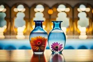zwei Vasen mit Blumen im Sie sitzen auf ein Tisch. KI-generiert foto