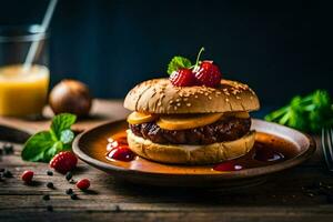 Hamburger mit Obst und Beeren auf ein hölzern Tisch. KI-generiert foto