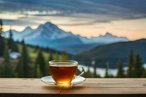 ein Tasse von Tee auf ein hölzern Tabelle mit Blick auf ein See und Berge. KI-generiert foto