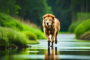 ein Löwe Gehen über ein Fluss im das Mitte von ein Wald. KI-generiert foto