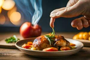 ein Person ist halten ein Stück von Hähnchen mit Tomaten auf ein Platte. KI-generiert foto