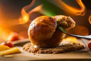 ein Stück von Essen ist Sein serviert auf ein hölzern Tafel. KI-generiert foto