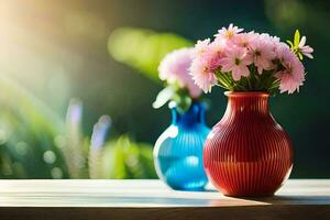 zwei Vasen mit Rosa Blumen auf ein Tisch. KI-generiert foto