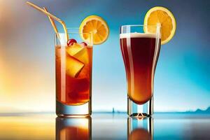 zwei Brille von alkoholisch Getränke mit Orange Scheiben. KI-generiert foto