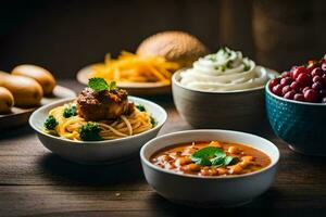 ein Tabelle mit Schalen von Essen und ein Schüssel von Suppe. KI-generiert foto