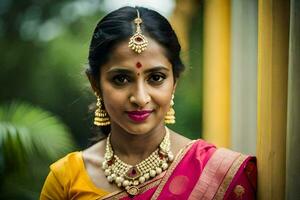 ein schön indisch Frau tragen ein traditionell Sari. KI-generiert foto