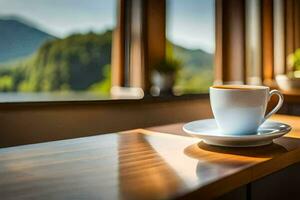 Kaffee auf das Tabelle im das Morgen. KI-generiert foto