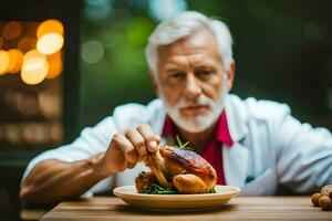 ein älter Mann Essen ein Hähnchen auf ein Platte. KI-generiert foto