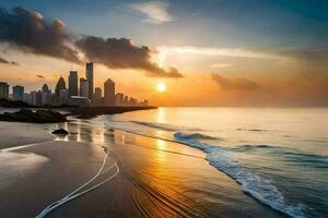 das Sonne setzt Über das Stadt Horizont auf ein Strand. KI-generiert foto