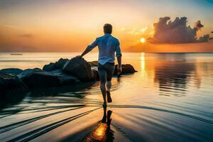 ein Mann Gehen auf das Strand beim Sonnenuntergang. KI-generiert foto