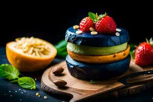 ein Stapel von drei Blaubeere Muffins mit Erdbeeren und Nüsse. KI-generiert foto