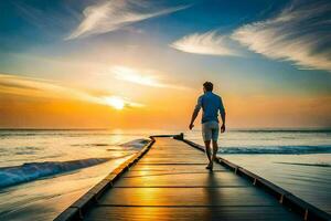 Mann Gehen auf ein Seebrücke beim Sonnenuntergang. KI-generiert foto