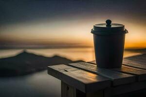 ein Kaffee Tasse sitzt auf ein hölzern Tabelle mit Blick auf das Ozean. KI-generiert foto