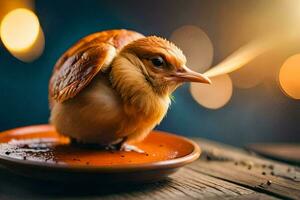 ein klein Vogel Sitzung auf oben von ein Orange Platte. KI-generiert foto