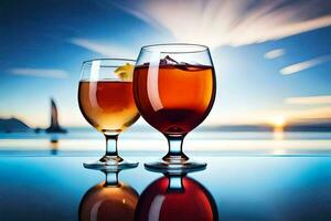 zwei Brille von Alkohol auf ein Tabelle mit ein Sonnenuntergang im das Hintergrund. KI-generiert foto