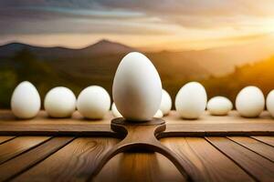Weiß Eier auf ein hölzern Tabelle mit ein Sonnenuntergang im das Hintergrund. KI-generiert foto