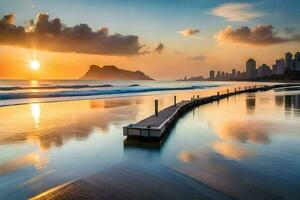 ein Seebrücke auf das Strand beim Sonnenuntergang mit das Stadt im das Hintergrund. KI-generiert foto