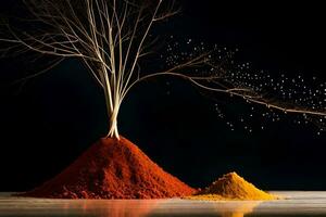 ein Baum mit rot und Orange Pulver auf Es. KI-generiert foto