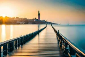 ein lange hölzern Seebrücke führt zu das Meer beim Sonnenuntergang. KI-generiert foto