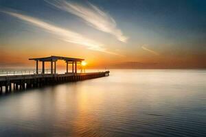 ein Seebrücke beim Sonnenuntergang mit ein lange Belichtung. KI-generiert foto