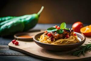 Spaghetti mit Fleisch und Gemüse auf ein hölzern Tisch. KI-generiert foto