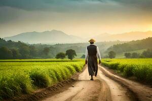 ein Mann Gehen Nieder ein Schmutz Straße im ein Reis Feld. KI-generiert foto
