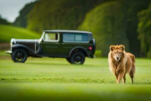 ein Löwe Spaziergänge im Vorderseite von ein alt Wagen. KI-generiert foto