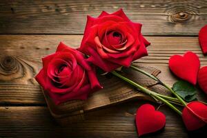 zwei rot Rosen und Herzen auf ein hölzern Tisch. KI-generiert foto