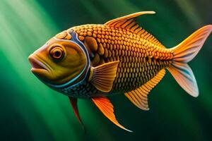 ein Orange Fisch mit Blau Augen ist Schwimmen im das Wasser. KI-generiert foto