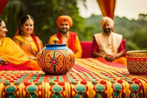 indisch Hochzeit Zeremonie mit ein Topf auf ein Tisch. KI-generiert foto