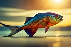 ein Fisch ist Stehen auf das Strand beim Sonnenuntergang. KI-generiert foto