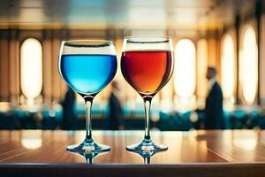 zwei Brille von Wein mit anders Farben auf ein Tisch. KI-generiert foto