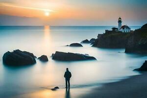 ein Mann Stehen auf das Strand beim Sonnenuntergang. KI-generiert foto