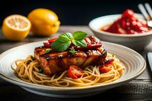 gegrillt Lachs mit Spaghetti und Tomate Soße. KI-generiert foto