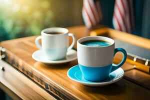 zwei Tassen von Kaffee auf ein Tisch. KI-generiert foto