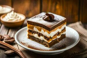 ein Stück von Kuchen mit Sahne und Schokolade auf ein Platte. KI-generiert foto