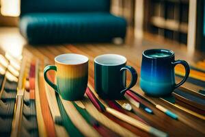 zwei bunt Kaffee Tassen sitzen auf ein hölzern Tisch. KI-generiert foto