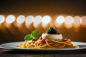 ein Teller von Spaghetti mit ein Mozzarella auf oben. KI-generiert foto