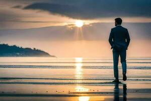 ein Mann im ein passen steht auf das Strand beim Sonnenuntergang. KI-generiert foto