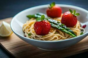 ein Schüssel von Spaghetti mit Erdbeeren und Spargel. KI-generiert foto