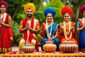 indisch Hochzeit Party im bunt traditionell Outfits. KI-generiert foto