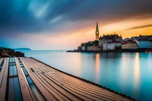 ein hölzern Seebrücke im das Wasser beim Sonnenuntergang. KI-generiert foto