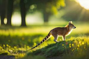 ein Fuchs Stehen auf ein grasig Hügel im das Sonne. KI-generiert foto