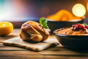 ein Schüssel von Essen mit ein Hähnchen Bein und ein Zitrone. KI-generiert foto